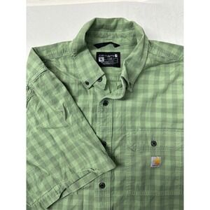 Carhartt XL Button Down Shirt Short‎ Sleeve Green Gingham Plaid Mens